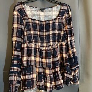Women’s Navy Plaid Peasant Blouse - Torrid Brand